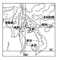 右图是中南半岛山河和城市分布示意图,据图回答11-12题.