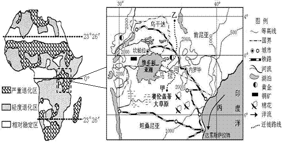 材料一 非洲生态退化程度分布图及东非高原局部区域图