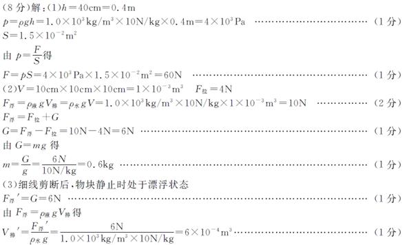 如图所示，水平地面上有一底面积为1．5 0×l0 2m2的圆柱形容器，容器中水深40cm，一个边长为10cm的正方体物块通过一根细线与容器底部相连，细线受到的拉力为4n。g 10n／kg