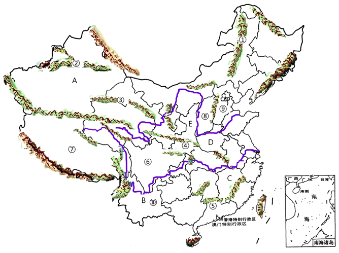 读"中国山脉分布图,完成下列问题(每空1分,共18分)