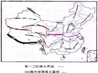 并制作图例(1)一.二级阶梯分界线(2)800mm年等降水量线.