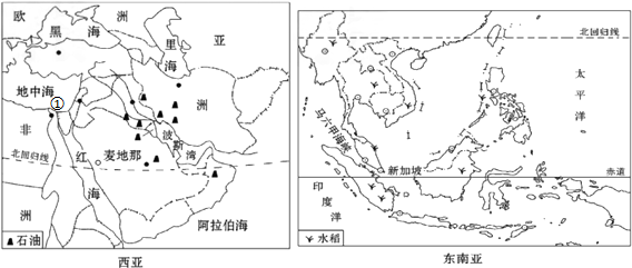 东南亚和西亚是亚洲的两个重要地区.阅读有关地图.(1