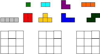 13.利用下列各种多连块摆一个3×3的正方形,你知道是怎样摆的吗?