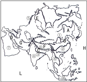 读亚洲地形图.说出下列代码所代表的地形区名