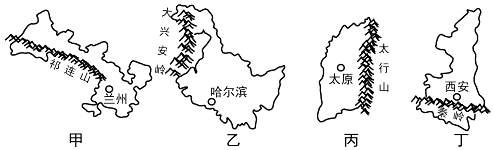 甲乙丙丁四图中,位于黑龙江省和内蒙古境内的山脉是(山脉名)大兴安岭