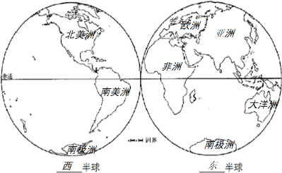 (1)请你在图中相应位置填注:东,西半球;七大洲的名称.