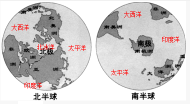 (4)在南北半球图的适当位置填出四大洋的名称.