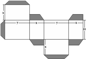 某班数学活动小组的同学用纸板制作长方体包装盒.其平面展开图和相关尺寸如下.其中阴影部分为内部粘贴角料(1)此长方体包装盒的体积为65xy65xy立方毫米.(2)若内部粘贴角料的面积占长方体表面纸板面积的15.求当x=40.y=70时制作这样一个长方体共需要纸板多少平方毫米? 题目和参考答案