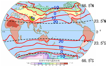 (2)图中a处气温比周围地区气温低的原因是(3)图中b处世界气温分布