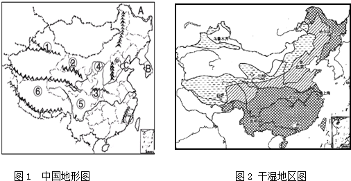 读中国地形图和干湿地区图填空