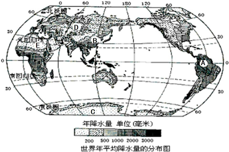 读"世界年平均降水量的分布图",回答下列问题.