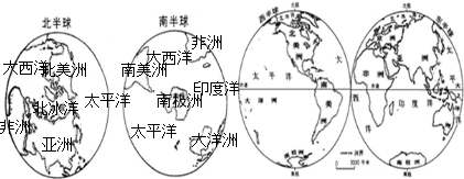 完成.(1)在南北半球图中填写七大洲.四大洋的.(2