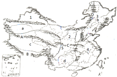 读图“中国地形图 .完成下列要求:(1)写出图中ABCD代表的山脉:A .B .C .D .(2)写出图中数字代表的高原.平原.盆地.丘陵:1 盆地.2 高原.3 平原.4 平原.5 盆地.(3)D山脉既是 的界线又是 的界线.(4)写出a.b.c.d四处各地形单元的气候类型:a .b .c .d . 题目和参考答案
