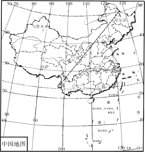 读中国地图.完成下列问题.(1)据图判断杭州大致的经纬度: .(2)图中标注城市中.有阳光直射现象的是 .该城市所在省的简称是 .(3)图中AB一线是我国一条重要的地理界线.说明该界线的地理意义 .(4)据图描述我国的纬度位置.并说明我国纬度位置的优越性. . 题目和参考答案