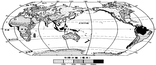 读"世界年平均降水量分布图",回答问题.