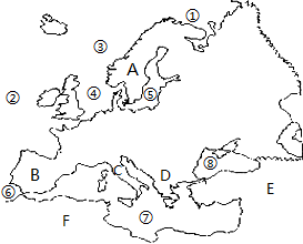 读欧洲轮廓图,回答 海域:① ,② ,④ ,⑤ ,⑦ ;半岛a ,b ;大洲e ,f .