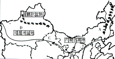(1)在图中空格内填注内蒙古高原.塔里木盆地.准噶尔盆地.