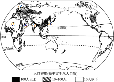 读世界人口分布图,回答问题.(17分) (1)图中( ) ,( )