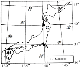 图所示为日本轮廓,及日本所在的经纬网地图.