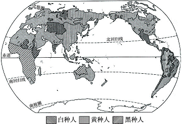 读"世界人种分布示意图,完成下列各题.