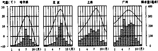 读"广州,上海,北京,哈尔滨气温曲线图和降水量柱状"图,完成