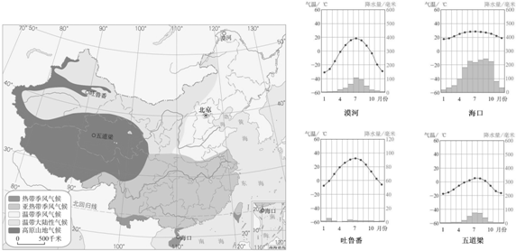 (2015秋南通校级期末)如图为“中国气候类型分布图 和“中国四地多年平均各月气温和降水量图 .下列判断正确的是( )A.漠河--温带季风气候B.海口--温带大陆性气候C.吐鲁番--高原气候和高山气候D.五道梁--热带季风气候 题目和参考答案-