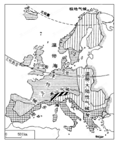 读图欧洲西部地区气候图和A.B.C三城市气温曲