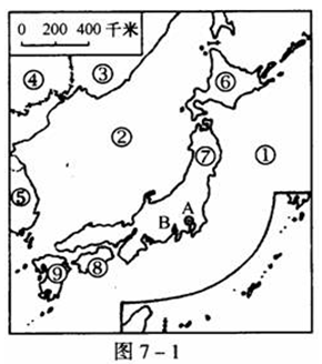 读日本图 回答:( 1 ) 海洋:① 洋 ② 海 ( 2 ) 岛屿: