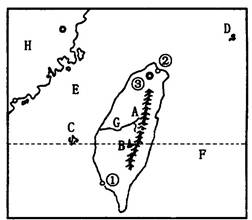 (1)与台湾隔海相望的A省的简称是 .(2)钓鱼岛是