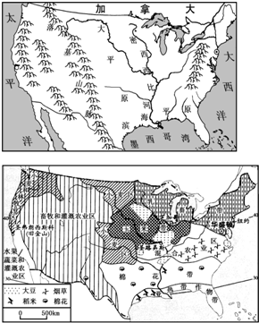 读下面美国本土地形,河流分布图和美国农业带分布图,.