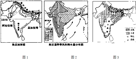 读图"南亚地形图1"和"南亚湿季季风和降水量分布图2""南亚农产品分布