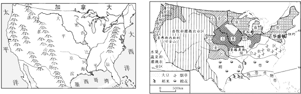 读下面美国本土地形,河流分布图和美国农业带分布图,.