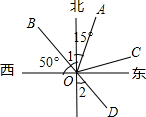 如图,oa的方向是北偏东15°,ob的方向是北偏西40度.