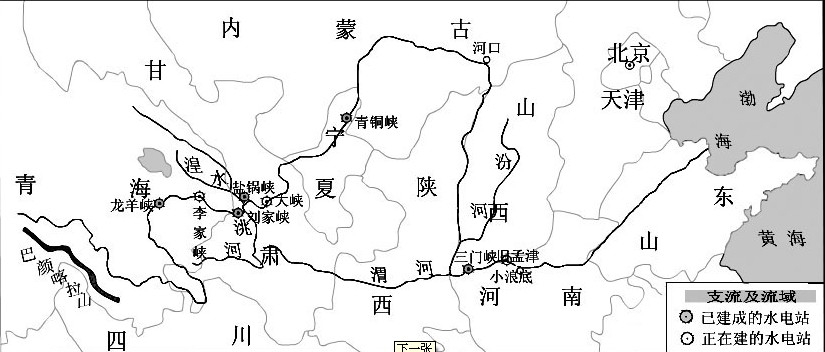 (1)地图中黄河主要支流的名称是(2)黄河发源于.注入.