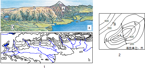 图1中，a是地形素描图，b是与地形素描图对应的等高线地形图.读图1和图2，回答问题.