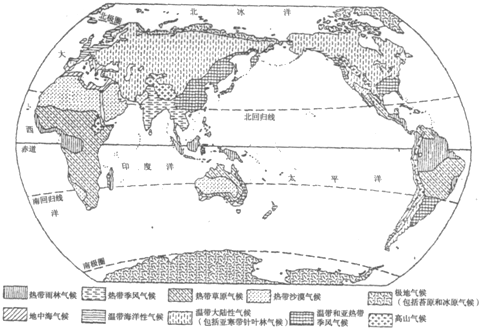 (1)从气候类型分布图中可以看出,亚洲东部有______种季风气候,请按照