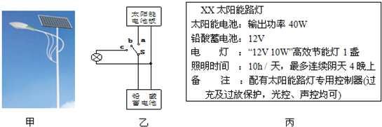 为创建全国环保节能模范城市,新建的小区将普遍安装太阳能路灯.如左图所示是某型号太阳能路灯:其顶层部是太阳能电池板,下方是220V 10W的电子节能灯.夏天,太阳光照射一天(日照时间为10h)可使节能灯正常工作40h;右图是它的结构示意图:白天太阳能电池板给蓄电池充电,夜晚蓄电池放电让节能灯通电发光. (1)白天该太阳能路灯的能量转化情况是:太阳能转化为电能再转化为