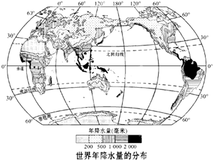 读世界降水量分布图,完成下列问题