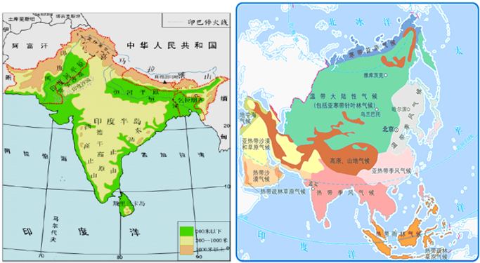 读印度地形和亚洲气候图,回答问题.