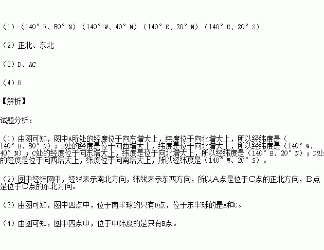 (3)a,b,c,d四点中,位于南半球的是,位于东半球的是(填字母.