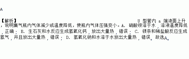 a硝酸铵和水b生石灰和水c镁条和稀盐酸d氢氧化钠和水