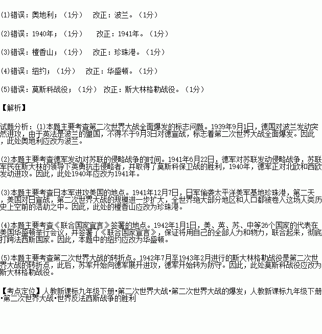 以下是九年级一班小勇同学对第二次世界大战的