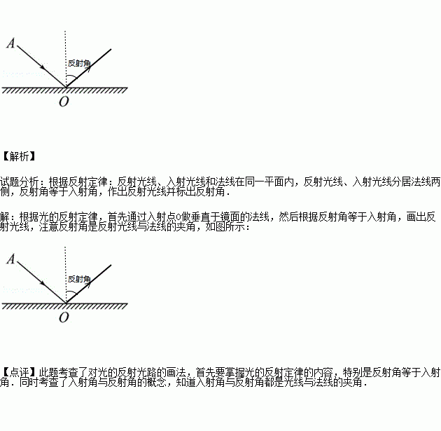 画出图中入射光线ao的法线和反射光线,并在图中标出反射角.