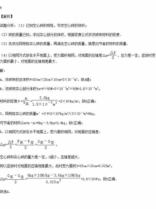 为节能减排建筑上普遍采用空心砖替代实心砖如图所示质量36kg的某空心