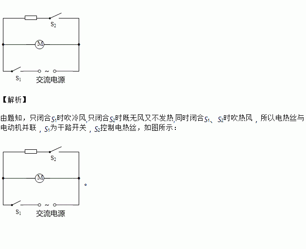 电吹有冷热两个档请在如图的虚线框内画出电吹风的电路图要求只闭合s1