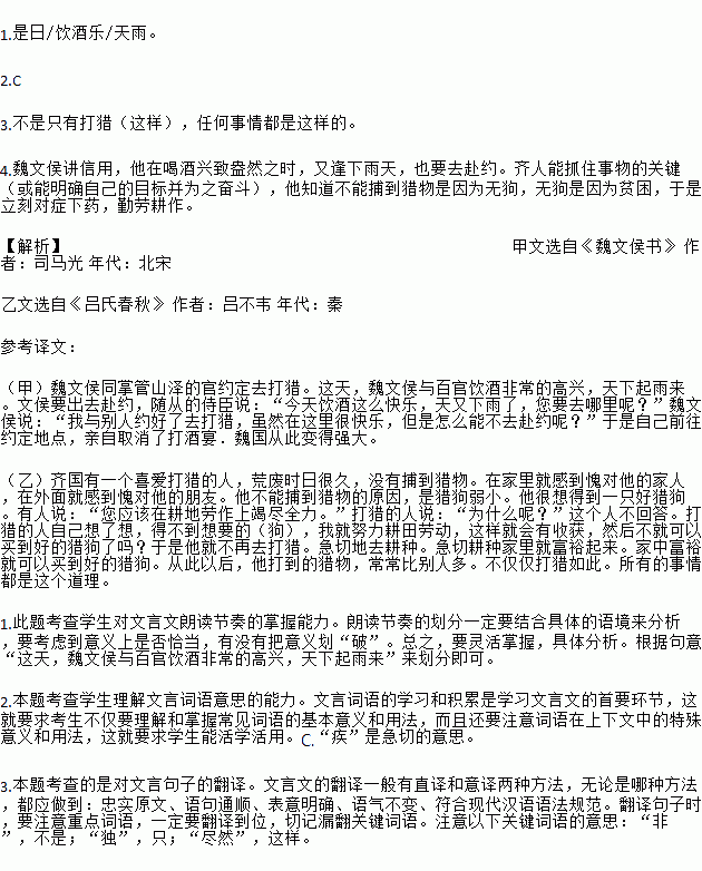 [甲]魏文侯期猎魏文侯①与虞人②期猎.是日饮酒乐天雨.文侯将出.