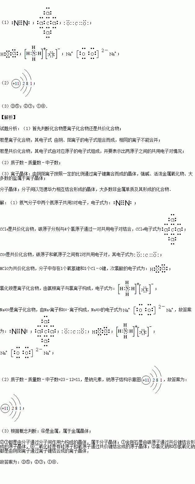 按要求填空:(1)写出下列微粒的电子式:n2 四氯化碳 co2 hclo 氯化铵