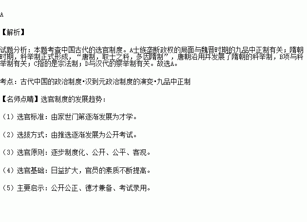 中国古代官吏选拔经历了"世袭制—察举制—九品中正制—科举制 的过程