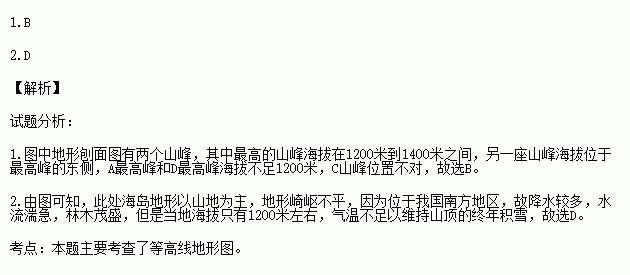 地形剖面图是根据等高线地形图绘制而成的.下图为我国南方某海岛的地形剖面图.据图完成各题.1.请你判断图是根据下列哪幅等高线地形图绘成的2.对该地形剖面图所示区域的描述