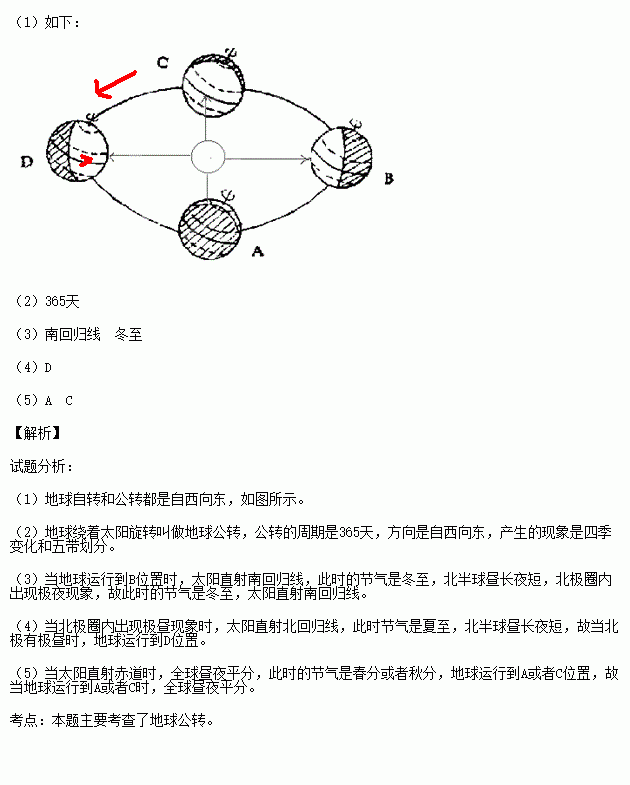 (1)将地球自转和公转的方向用箭头在图中适当的位置画出.